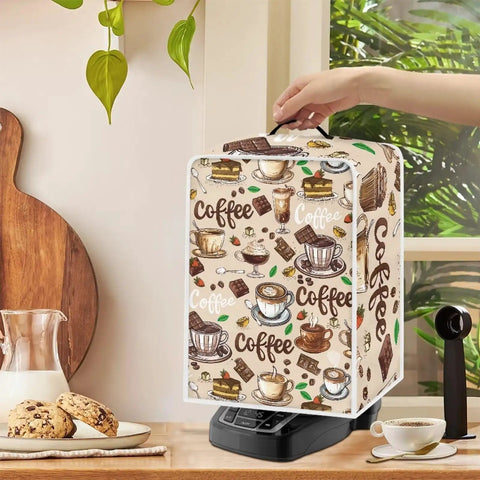 Cozy Flannel Coffee Maker Cover With Top Handle Keeps Your Coffee Station Dustproof And Waterproof Featuring A Decorative Coffee Pot Print Foldable And Lightweight Available In Two Sizes S And M on a coffee maker in kitchen