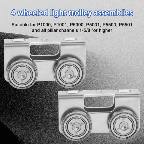 Four Wheel Trolley Assembly For Channel Strut Light Duty Compatible With All One And Five Eighths Inch P1000 P1001 P5000 P5001 P5500 P5501 And Taller Strut Channel In Electro Galvanized Steel For Rust And Corrosion Protection 2 Pack image showing two trolleys.