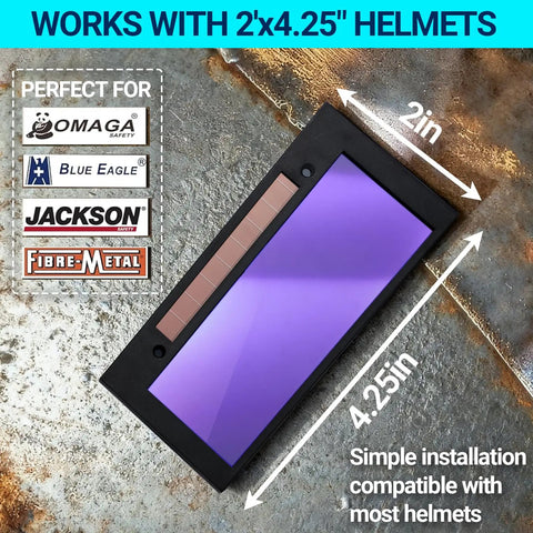 Auto Darkening Welding Lens Shade 11 With True Color Blue Technology, 2 X 4.25 Inch, shown on metallic surface