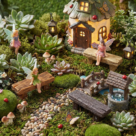 18 Pc Dope Mini Resin Bench Set For Fairy Garden Dollhouse Accessories Park Decor And Mini Landscape Scenes Realistic Wood Grain Tiny Benches For Bonsai Terrariums with fairy figures and a tiny house