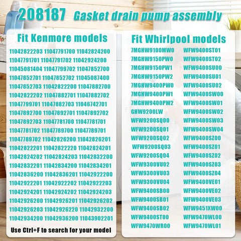 Front view of 208187 gasket drain pump assembly for Whirlpool and Kenmore front-load washers.