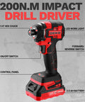 Heavy Duty Workhorse Cordless Drill And Impact Driver Duo With 20V Brushless Motor, Serious Torque, dual speed settings, and control panel view.