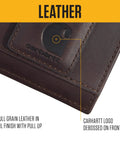 Close-up of Premium Full Grain Leather Slim Bifold Wallet For Men In Rich Oil Tan Brown showcasing debossed Carhartt logo.