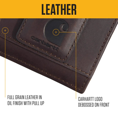 Close-up of Premium Full Grain Leather Slim Bifold Wallet For Men In Rich Oil Tan Brown showcasing debossed Carhartt logo.