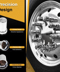 Close-up of 33mm Lug Nut Covers Bullet Flanged ABS Chrome Plastic Push On Nut Cover Caps on a chrome semi truck wheel