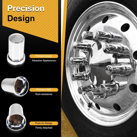 Close-up of 33mm Lug Nut Covers Bullet Flanged ABS Chrome Plastic Push On Nut Cover Caps on a chrome semi truck wheel