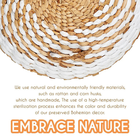 Close-up of Nine Piece Boho Wall Basket Set Made From Seagrass And Rattan with natural and white woven texture.