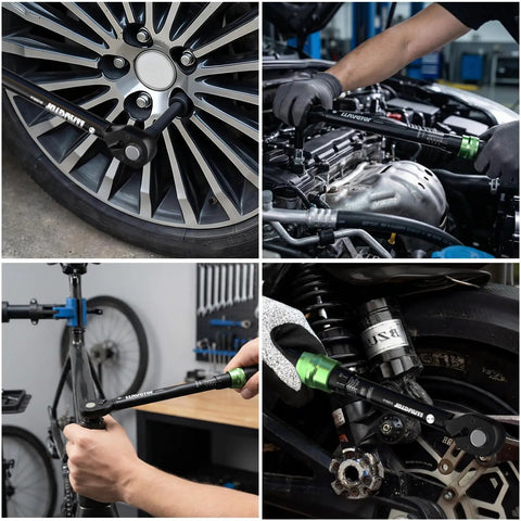 Heavy Duty Pro Grade Torque Wrench Set One Quarter Inch Three-Eighths Inch One Half Inch Drive 41-Piece Kit With Sockets And Extensions 72-Tooth Ratchet 3 Percent Accuracy CR-V Steel For Auto Bike Moto Repair And Industrial Use on wheel and engine