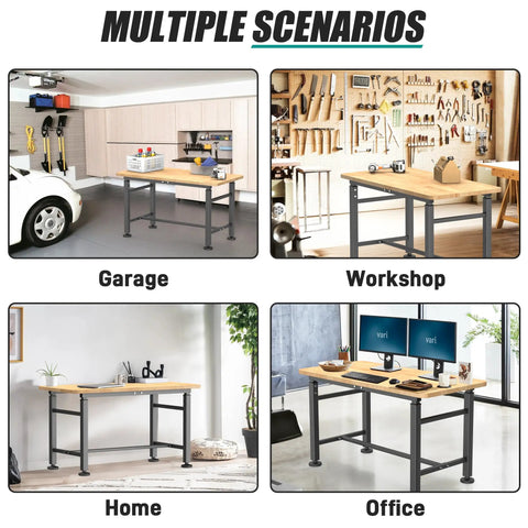 Adjustable Height Workbench for Garage and Workshop with 0.8 Inch Solid Rubberwood Top in various settings like garage, workshop, home, and office.