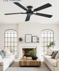 52 Inch Flush Mount Ceiling Fan With Remote Control, Dope Low Profile Black Design installed in a modern living room