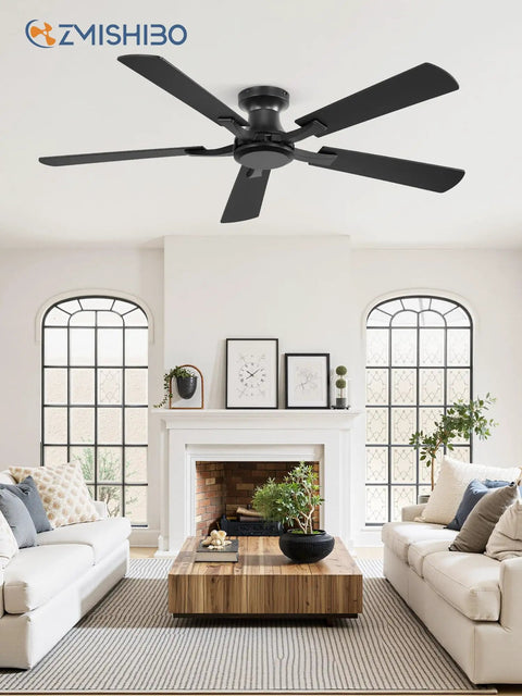 52 Inch Flush Mount Ceiling Fan With Remote Control, Dope Low Profile Black Design installed in a modern living room