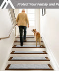 Elderly man and dog ascending steps with Non Slip Stair Treads For Indoor Wood Steps 28x9 Inch Edging Rugs 4 Pack Low Profile Carpet Mats