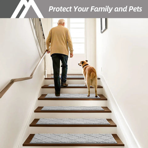 Elderly man and dog ascending steps with Non Slip Stair Treads For Indoor Wood Steps 28x9 Inch Edging Rugs 4 Pack Low Profile Carpet Mats