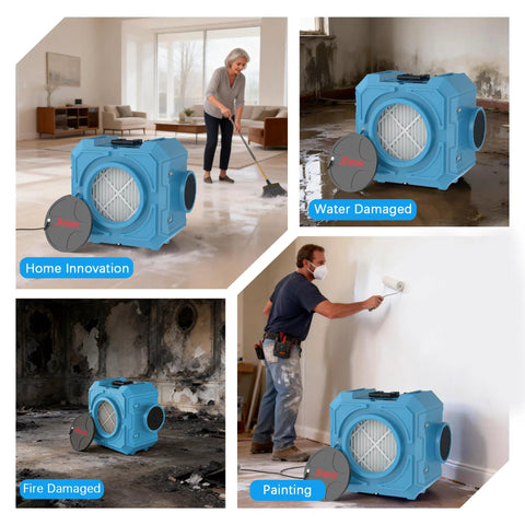 Collage of Beast 800 CFM Hepa Air Scrubber in home, water and fire damage, and painting scenarios.