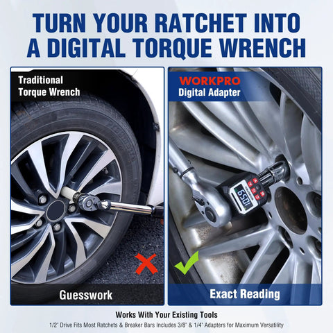 Digital Torque Adapter For Half Inch Drive With Buzzer Alert on wheel lug nut, 1/2" drive with 3/8" and 1/4" adapters