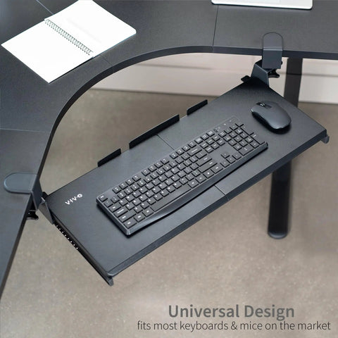 Rock Solid Slide Out Keyboard Tray For Corner Desk Effortless Gliding Computer Drawer With Swivel Clamps Black L Shaped Workstation Desk Organizer Game Changer Setup mounted with keyboard and mouse.