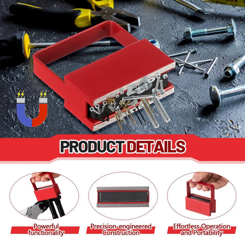 Two Pack Magnetic Handle Grabber With 50 Lb Pull Red Finish Magnetic Pickup Tool holding metal parts on a workbench