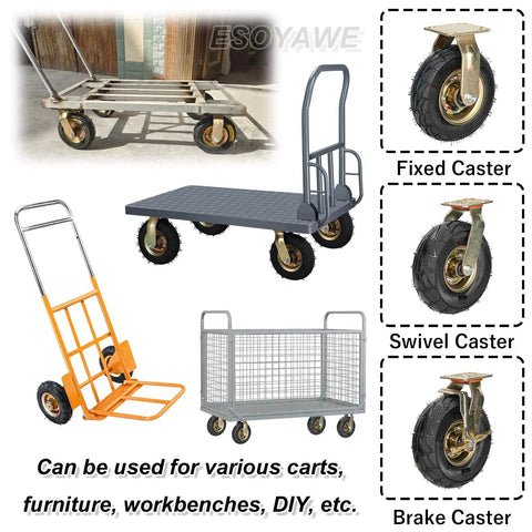 Set Of 4 Heavy Duty Pneumatic Rubber Caster Wheels 8 And 10 Inch Industrial Swivel Casters With Brakes on carts and dollies.
