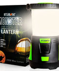 Beast Mode 2000 Lumen Camping Lantern With All Day Battery Life And 360 Degree Light Control for tents next to packaging