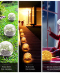 Solar Globe Lights 6 Inch Outdoor Crackled Glass Orbs glowing on lawn, patio, and indoors as decor, waterproof warm yellow LED.