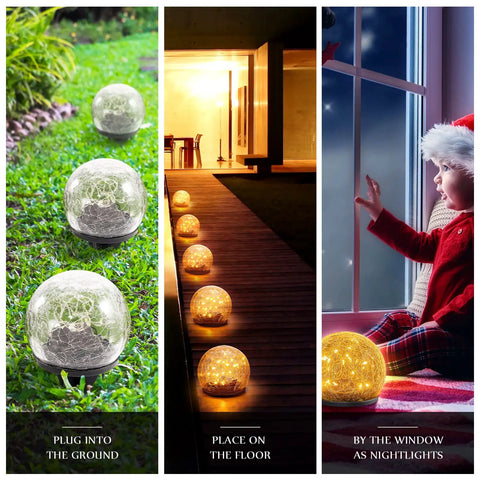 Solar Globe Lights 6 Inch Outdoor Crackled Glass Orbs glowing on lawn, patio, and indoors as decor, waterproof warm yellow LED.
