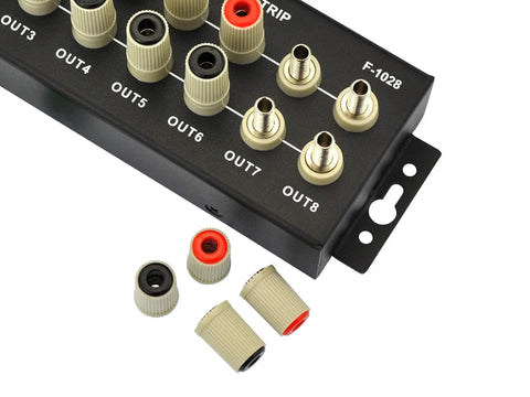 Close-up of 8 Port DC Power Distribution Strip With Banana Jack Outputs Heavy Duty Pro Lab Power Splitter for 0 to 60V DC 50 Amp
