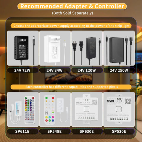 Recommended adapters and controllers for Dotless RGB LED Strip Lights With Smart IC Addressable COB Tape 16.4ft Flexible Chasing Color Changing 24V For Party Vibe Kitchen Bedroom UL Listed Not Included Controller And Adapter shown separately