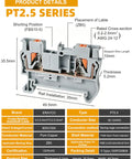 One Hundred Pcs Pt2.5 Push In Din Rail Terminal Blocks Feed Through Twin Spring Cage Screwless Wire Connectors No Sweat Quick Wiring AWG 26 To 12 For Industrial Control Panels Gray close-up image showing dimensions and features.