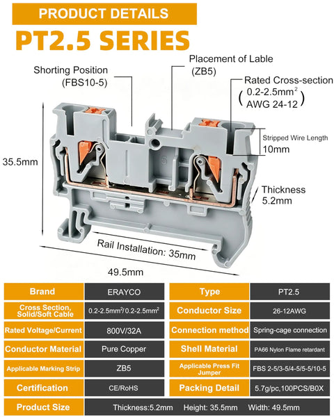 One Hundred Pcs Pt2.5 Push In Din Rail Terminal Blocks Feed Through Twin Spring Cage Screwless Wire Connectors No Sweat Quick Wiring AWG 26 To 12 For Industrial Control Panels Gray close-up image showing dimensions and features.