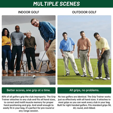 Golfers using 2 Pack Golf Grip Trainer Set For Right Hand indoors and outdoors to improve swing mechanics and hand position.