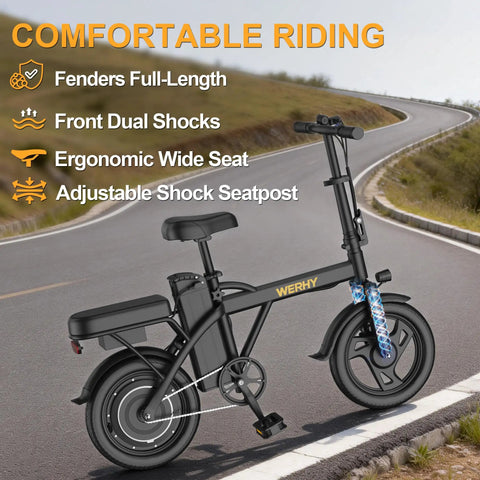 Compact Folding Electric Bike For Adults With 500W Motor And 20 MPH Top Speed, 14 Inch Wheels, shown on a road with features listed.