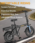 Electric Bike For Adults With 500W Motor 20 MPH Top Speed Foldable E Bike With 14 Inch Wheels on road with fenders and shocks.