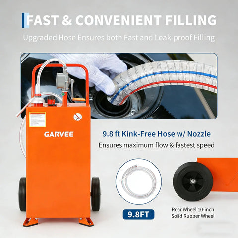 35 Gallon Fuel Caddy With Pump For Cars, Lawn Mowers, ATVs And Boats, Gasoline Diesel Storage Tank Orange showing hose and wheel