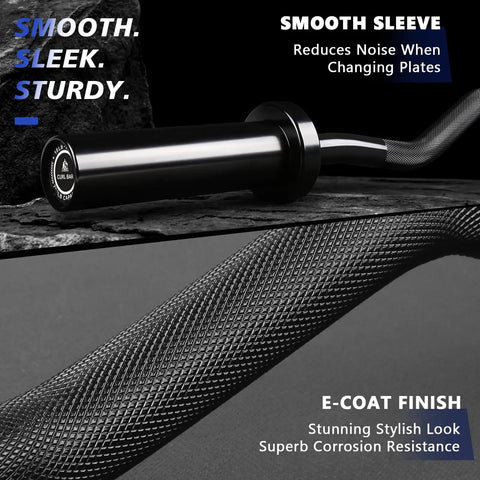 Close-up of smooth sleeve and knurled grip on 25mm Grip Black EZ Curl Bar And 85lb Rubber Coated Plates Set For Home Gym Strength Training