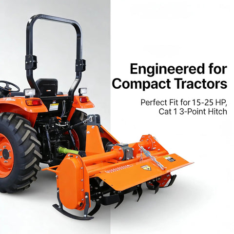 37 Inch 3 Point Rotary Tiller Attachment For Cat 1 Tractors 15 To 25 HP With 540 RPM PTO Drive Cultivator, orange color
