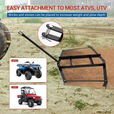 74 Inch Wide Drag Harrow For Driveways And Lawns High Efficiency Grader With Pin Hitch, shown with ATV and UTV attachment.