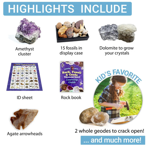 Rock Mineral And Geodes Treasure Hunt Kit With 250 Pieces Real Shark Teeth Fossils ID Sheet And Rock Book STEM Educational Toy For Kids Teens Hands On Science Activity amethyst cluster, fossils, geodes