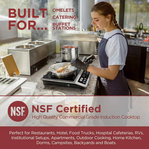 Chef using Induction Cooktop Pro Grade 1800W Commercial Burner With Premium Glass And Large Heating Coil NSF Certified Chef Edition in kitchen.