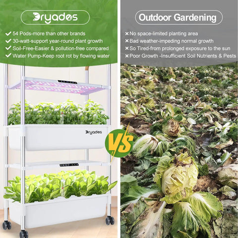 Comparison of movable two layer indoor hydroponic garden system with 54 pods and outdoor gardening results.
