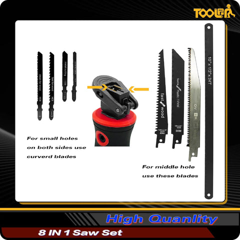 All In One 8 In 1 Hand Saw With Quick Change Blades For Drywall Sheetrock Wood Metal Plastic Plywood Includes Hacksaw Jab Saw Long Blade And Lockback Mechanism Red Non Slip Handle with various blades displayed