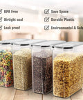Six Piece Cereal Storage Set With Airtight 4L Plastic Canisters BPA Free For Flour Sugar And Cereal on wooden table