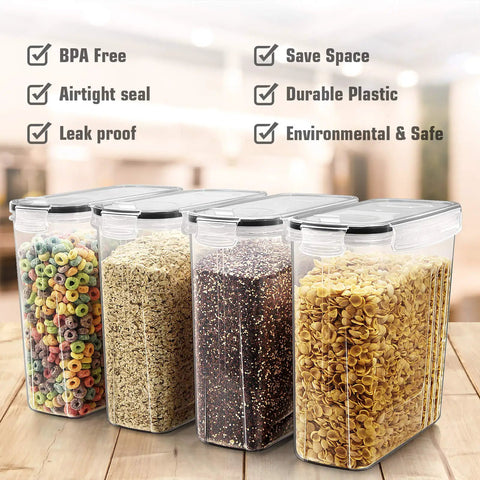 Six Piece Cereal Storage Set With Airtight 4L Plastic Canisters BPA Free For Flour Sugar And Cereal on wooden table