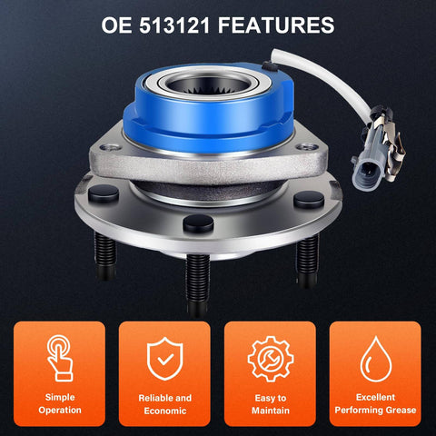 Front Wheel Bearing And Hub Assembly 513121 with ABS sensor for GM vehicles, showcasing features for Buick, Cadillac, Saturn models.