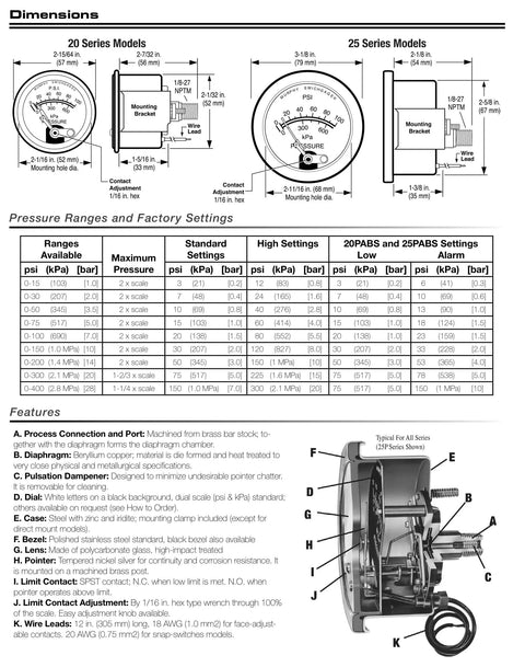 20P 100 Pressure Swichgage With Built In Electrical Limit Switch For Alarm Tripping And System Shutdown Two Inch Dial Diaphragm Actuated Gauge dimensions and cutaway diagram