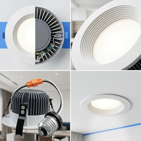 Close-up of 12 Pack 4 Inch Retrofit LED Recessed Lighting with E26 Adaptor, showing baffle trim and internal components.