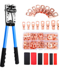 Heavy Duty Battery Cable Crimping Tool Kit With Rotatable Jaw And Six Crimp Sizes From 10 To 1 AWG, Includes 60 Copper Ring Terminals