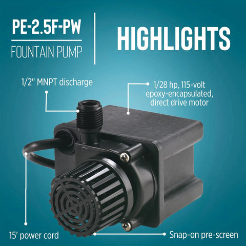 Compact Submersible Pump For Small Ponds And Fountains, 115 Volt Direct Drive, 1/28 HP, 475 GPH, 15 Ft Cord, Epoxy Encapsulated