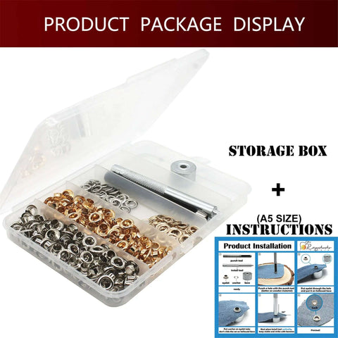 Must Have Reinforced Grommet Kit Set For DIY Projects 200 Pieces With 3 By 16 Inch Brass Eyelets Storage Box and Tools