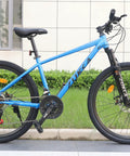 Blue mountain bike side view showcasing the Three By Six Seven Eight Speed Mountain Bike Crankset 170mm With 42 34 24T Chainrings