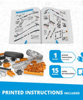 Open instruction booklet with building pieces for 16 In 1 STEM Building Kit For Kids 9 Plus With Levers And Linkages Hands On Engineering Toys For Boys And Girls Kid Friendly Educational Construction Set Fun Creative Activities Perfect Gift.